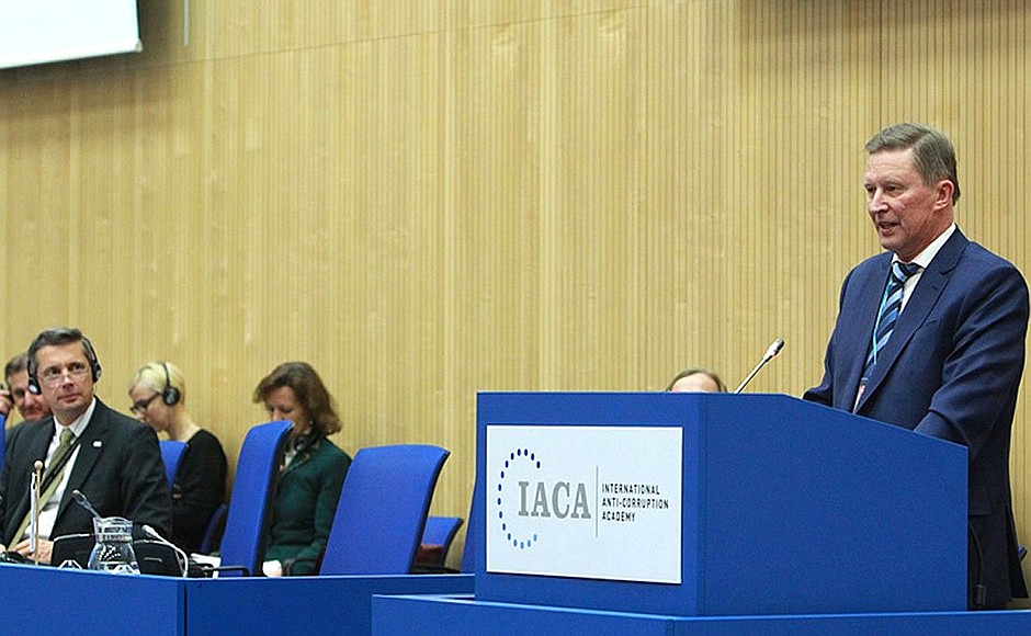 Sergei Ivanov speaking at the International Anti-Corruption Academy’s assembly.