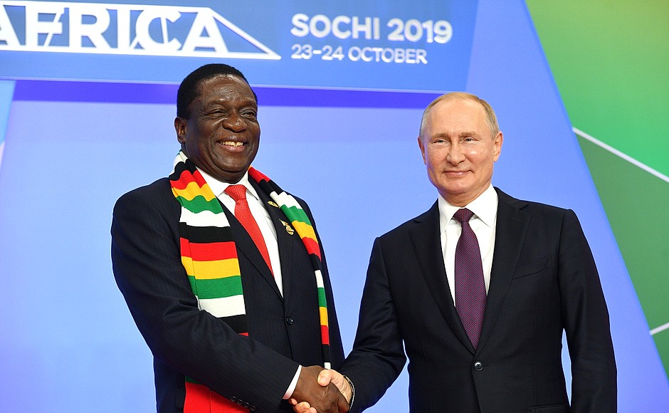 Official welcoming ceremony before the reception on behalf of the President of Russia in honour of the heads of state and government of the countries participating in the Russia-Africa Summit. With President of Zimbabwe Emmerson Dambudzo Mnangagwa.