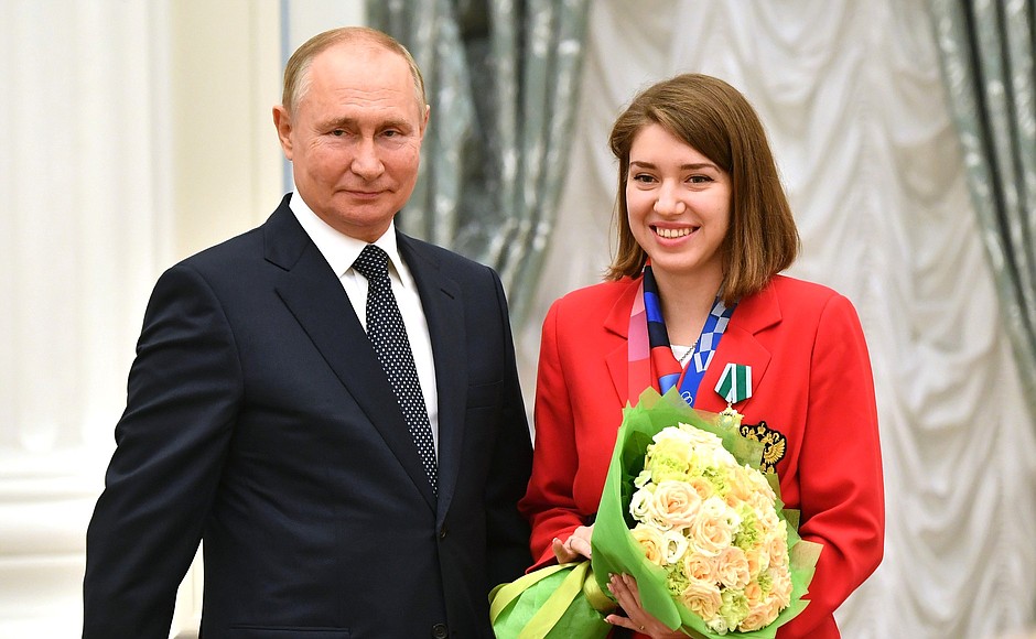 Ceremony for presenting state decorations to winners of the 2020 Summer Olympics in Tokyo. The Order of Friendship is awarded to two-time champion of the 2020 Olympics in air pistol and standard pistol event and silver medallist in mixed pair air pistol event Vitalina Batsarashkina.