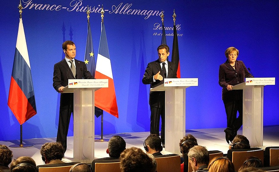 At joint news conference following Russian-French-German talks. With President of France Nicolas Sarkozy and Federal Chancellor of Germany Angela Merkel.