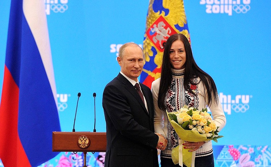 The Order for Services to the Fatherland Medal, I degree, is awarded to Olympic speed skating bronze medallist Yekaterina Lobysheva.