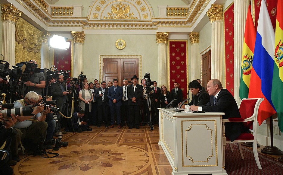 Заявления для прессы по итогам российско-боливийских переговоров. С Президентом Многонационального Государства Боливия Эво Моралесом.
