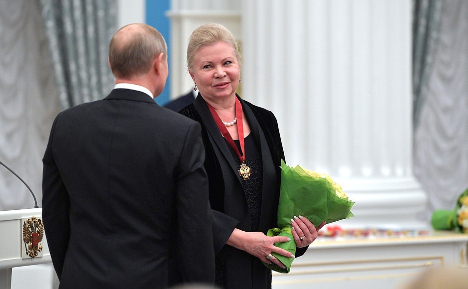 Ceremony for presenting state decorations. The Order for Services to the Fatherland III degree was awarded to Marina Leonova, National Artist of Russia, President of the Moscow State Academy of Choreography.