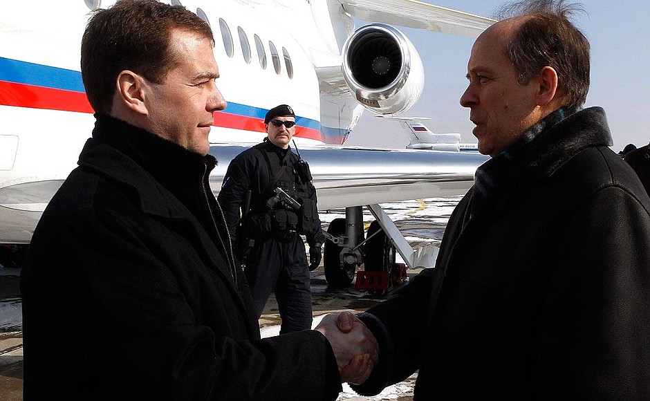 Arrival in Vladikavkaz. With Federal Security Service Director Alexander Bortnikov.
