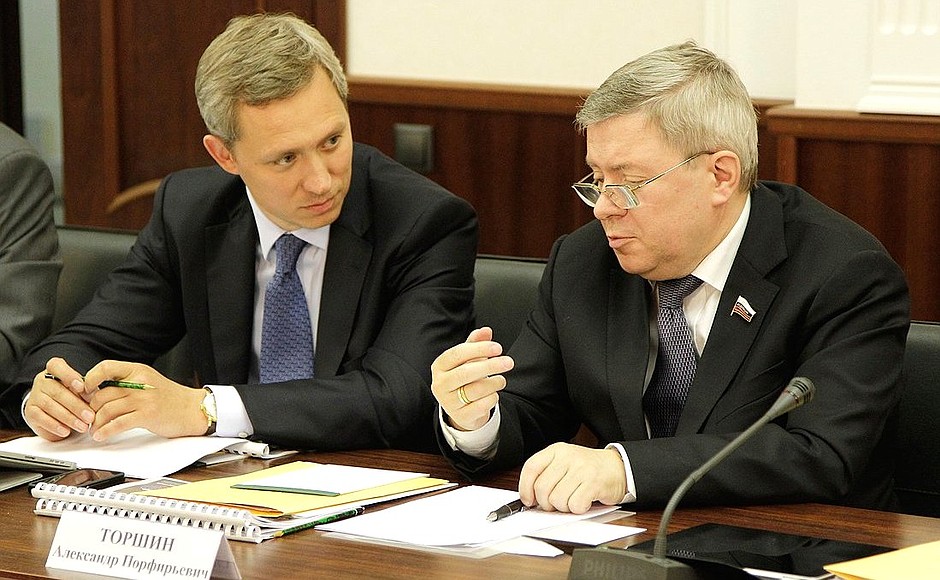 At the State Council Presidium meeting on environmental safety. Chairman of State Duma Committee on Natural Resources, Environment and Ecology Evgeny Tugolukov (left) and First Deputy Speaker of the Federation Council Alexander Torshin.
