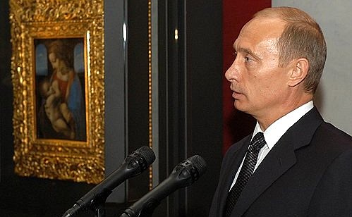 President Putin with Hermitage Museum Director Mikhail Piotrovsky during the gala opening of the exhibition of Leonardo da Vinci\'s Madonna Litta.