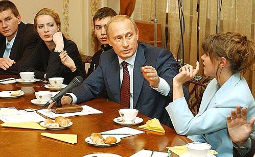 President Putin meeting with the finalists of the All-Russian Student Essay Competition “My Home, My Town, My Country”.