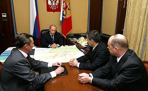 Meeting with law enforcement and armed forces officials on the situation in Kabardino-Balkaria. On the left: Defence Minister Sergei Ivanov. On the right: Interior Minister Rashid Nurgaliyev and First Deputy Director of the Federal Security Service Nikolai Klimashin.