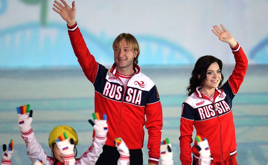 Olympic figure skating champions Yevgeny Plyushchenko and Adelina Sotnikova at the gala ice show One Year After the Games to celebrate a year since the opening of the XXII Olympic Winter Games in Sochi.