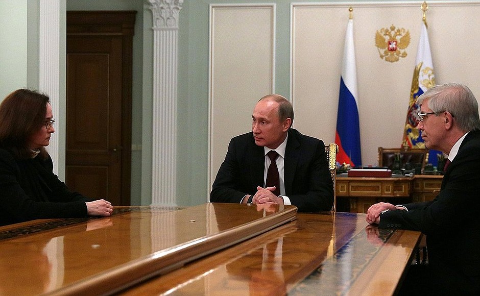 Meeting with Presidential Aide Elvira Nabiullina and Central Bank Chairman Sergei Ignatyev.