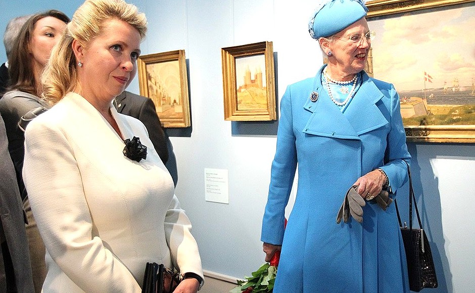 With Queen Margrethe II of Denmark at exhibition of Danish artists at the Pushkin State Museum of Fine Arts.