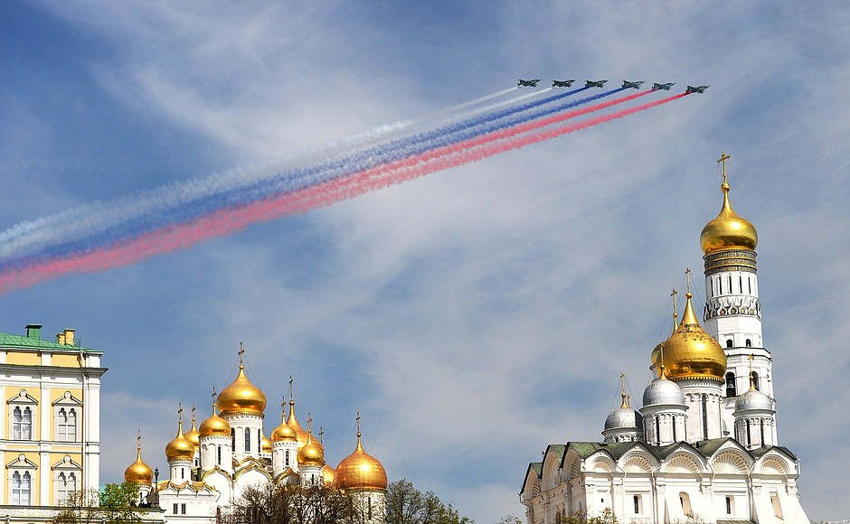 Sukhoi Su-25 Frogfoot ground-attack planes (smoke generators) at the military parade to mark the 70th anniversary of Victory in the 1941–1945 Great Patriotic War.