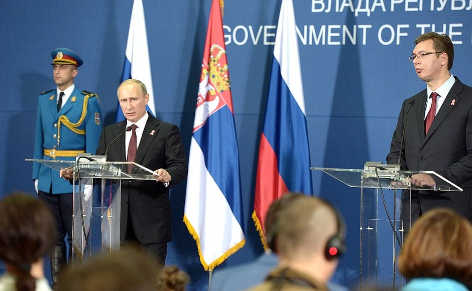Заявления для прессы по итогам российско-сербских переговоров. С Председателем Правительства Сербии Александром Вучичем.