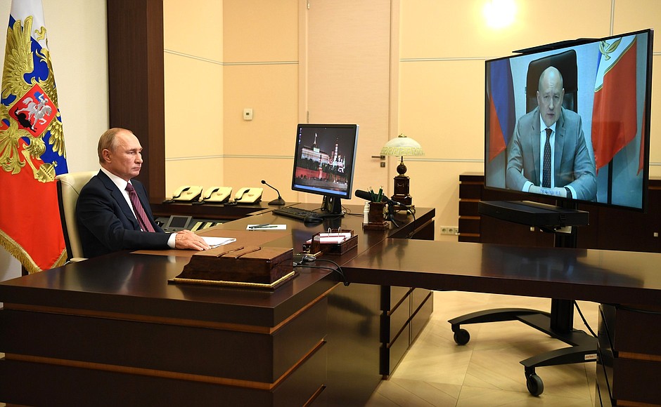 Working meeting with Acting Governor of Sevastopol Mikhail Razvozhayev (via videoconference).