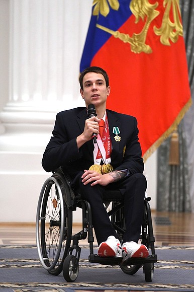 Presenting state decorations to winners of the 2020 Summer Paralympic Games in Tokyo. Roman Zhdanov, who won three gold medals and two bronzes in swimming events at the Paralympics, receives the Order of Friendship.