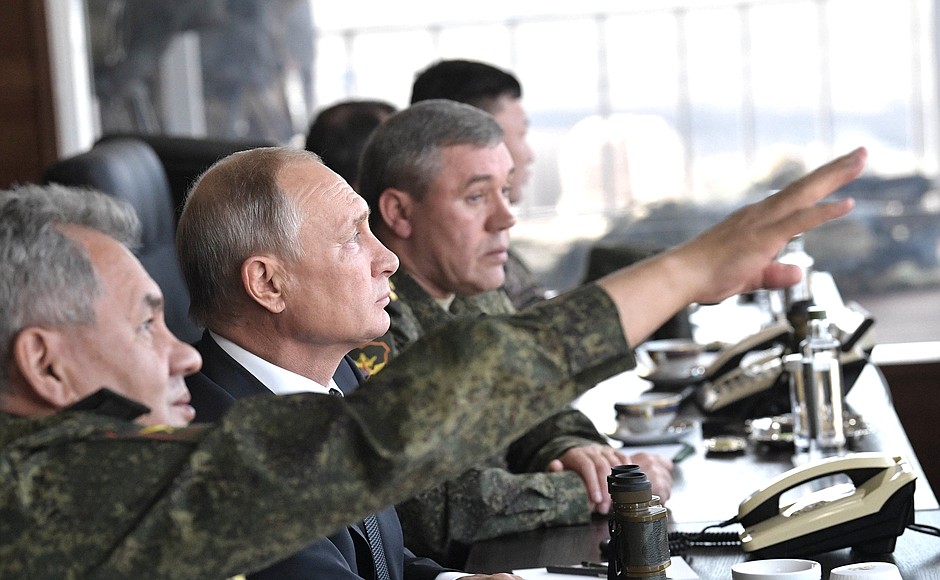 Supreme Commander-in-Chief of Russia’s Armed Forces Vladimir Putin observed the main stage of Vostok-2018 military manoeuvres. With Defence Minister Sergei Shoigu, left, and Chief of the General Staff of Russia’s Armed Forces, First Deputy Defence Minister Valery Gerasimov.