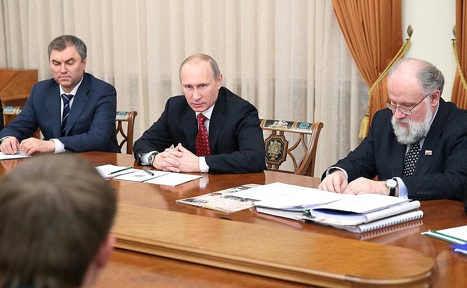 Meeting with representatives of electoral commissions. With Deputy Chief of Staff of the Presidential Executive Office Vyacheslav Volodin (left) and Central Election Commission Chairman Vladimir Churov.