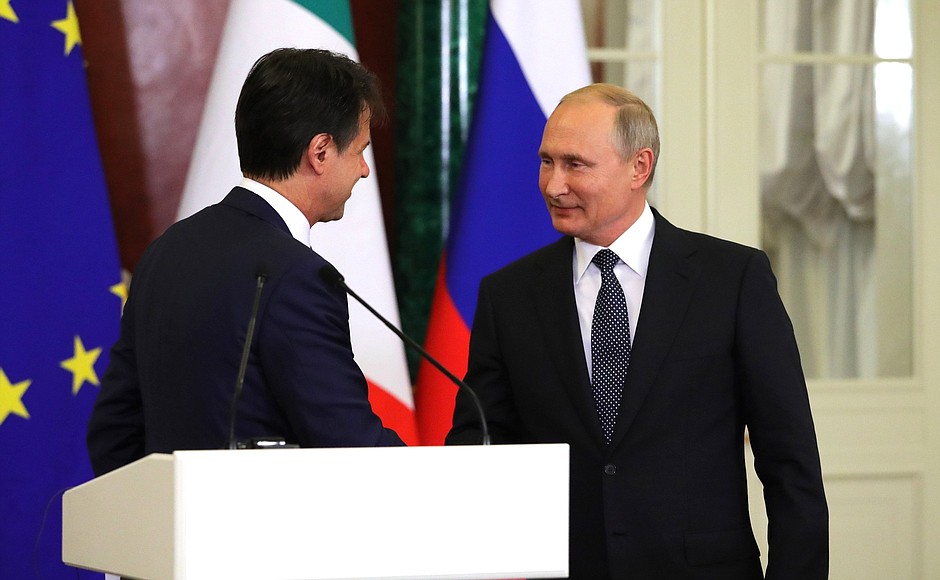 News conference following Russian-Italian talks. With Prime Minister of Italy Giuseppe Conte.