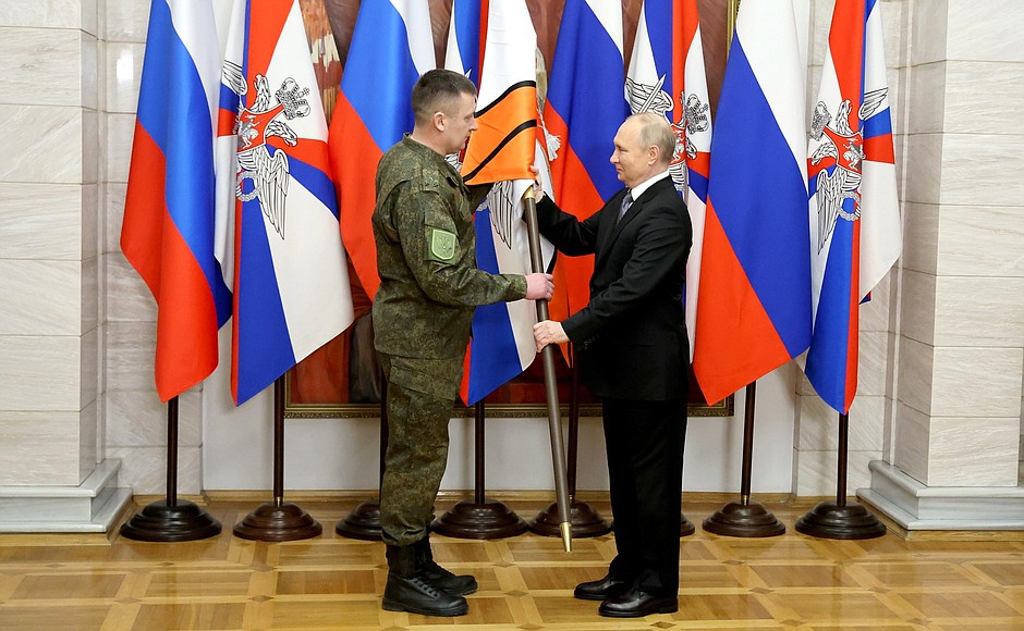 The battle colours were presented to the Second Guards Lugansk-Severodonetsk Army Corps.
