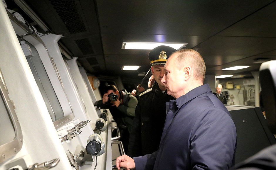 Vladimir Putin visits the Yantar Shipyard where he inspects the corvette Gremyashchy.