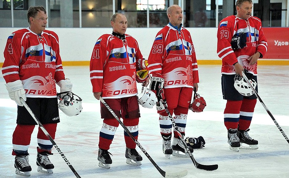 During a friendly hockey match. With President of Finland Sauli Niinisto.