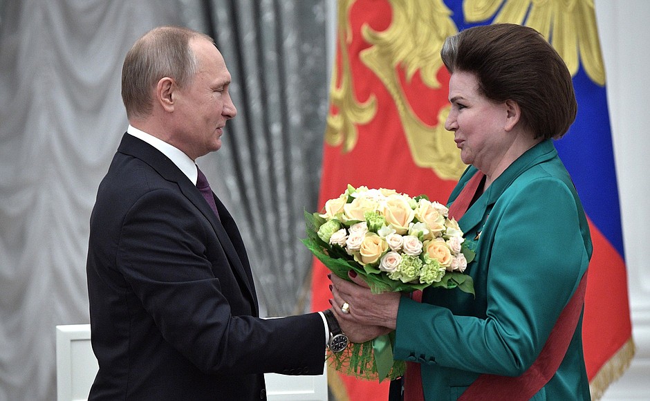 At a ceremony presenting state decorations. Valentina Tereshkova, the world’s first woman cosmonaut, deputy chairperson of the State Duma Committee on federal organisation and local government, was awarded Order for Services to the Fatherland I degree.