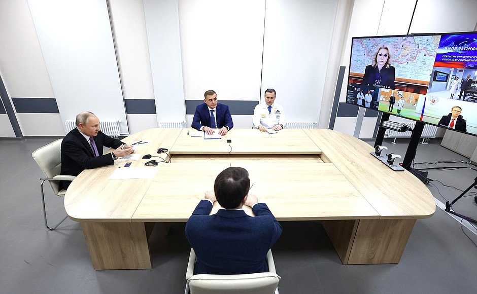 During the opening ceremony for oncology centres in Russia’s regions (via videoconference).