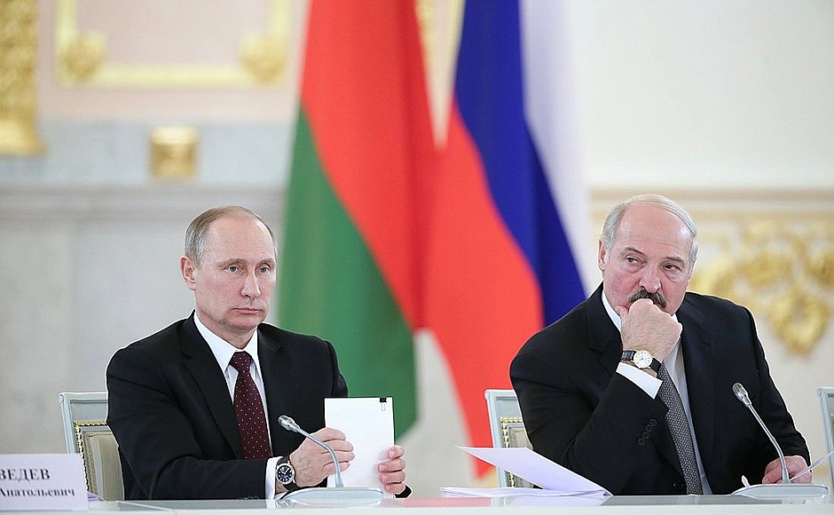 At a meeting of Russia-Belarus Union State Supreme State Council. With President of Belarus Alexander Lukashenko.