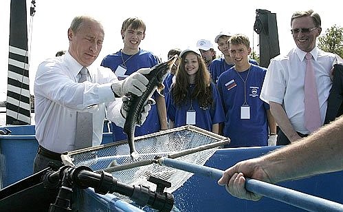 In the Bios Research and Production Centre for Sturgeon Breeding.The President participated in the International Camp for Schoolchildren from the Caspian Sea Region and Volga Region on Breeding Young Beluga Sturgeon in the Waters of the Volga and Caspian.