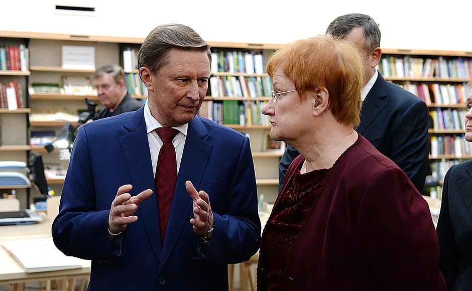 Chief of Staff of the Presidential Executive Office Sergei Ivanov and former President of Finland Tarja Halonen at Vyborg Public Central Library.