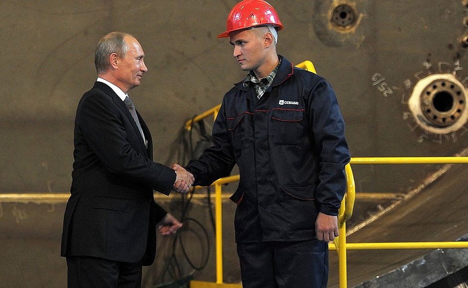 At a laying-down ceremony for Knyaz Vladimir nuclear-powered submarine at Sevmash shipyard.