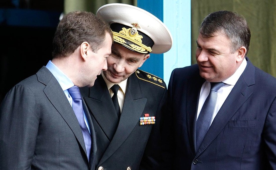 At Sevmash military shipyard before the launch ceremony of Severodvinsk multipurpose nuclear submarine. With Commander-in-Chief of the Russian Navy Vladimir Vysotsky (center) and Minister of Defence Anatoly Serdyukov.