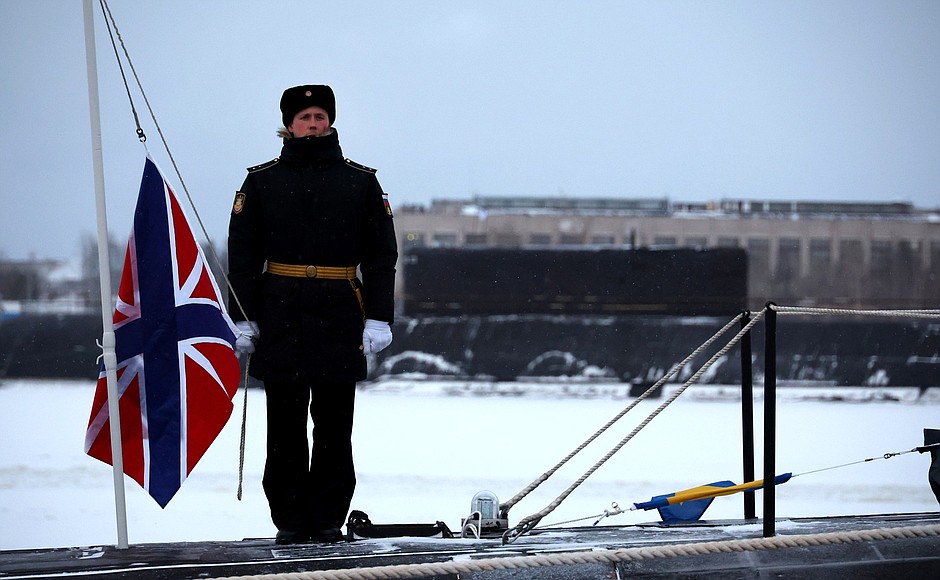 During the ceremony for raising naval flag on nuclear-powered submarine Emperor Alexander III.