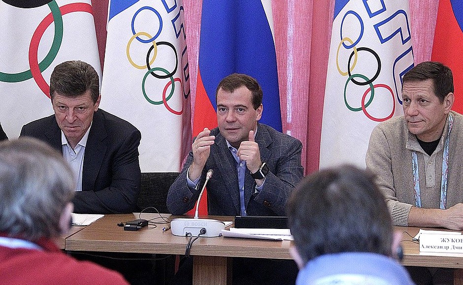 At a meeting with the International Olympic Committee Coordination Commission. With First Deputy Chairman of the State Duma and President of the Russian Olympic Committee Alexander Zhukov (right) and Deputy Prime Minister Dmitry Kozak.