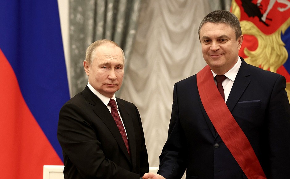 Ceremony for presenting state decorations. Acting Head of the Lugansk People's Republic Leonid Pasechnik was awarded the Order for Service to the Fatherland, I degree.