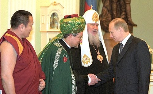 A meeting with members of the Board of Guardians of the All-Russian National Military Fund. Left to right: Pandito Hambo Lama Damba Ayusheyev, Head of Buddhist Traditional Sangha of Russia; Supreme Mufti Sheikh-ul-Islam Talgat Tajuddin, Chairman of the Central Muslim Board of Russia; and Patriarch of Moscow and All Russia Alexy II.