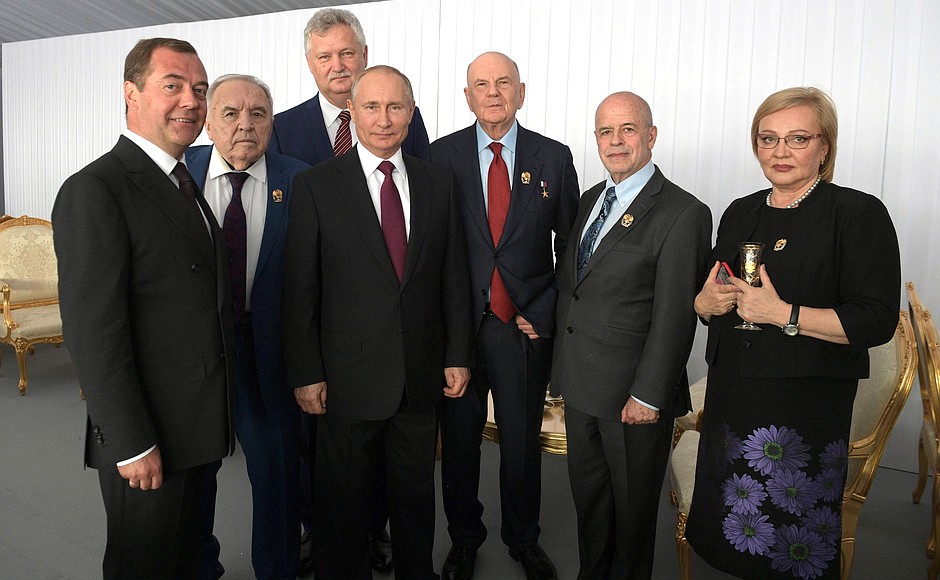 With recipients of Russian Federation National Awards and Prime Minister Dmitry Medvedev (left).