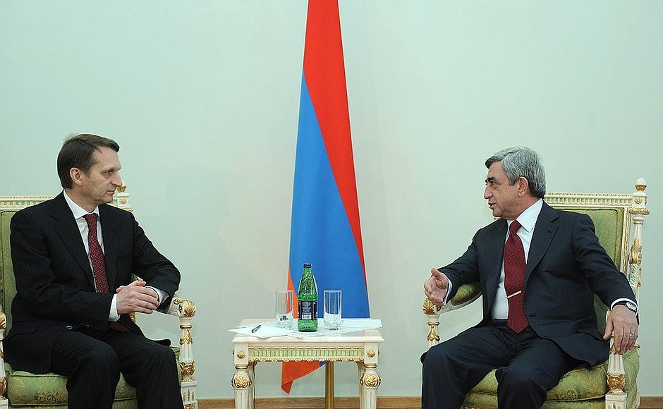 Meeting between Chief of Staff of the Russian Presidential Executive Office Sergei Naryshkin and President of Armenia Serzh Sargsyan.