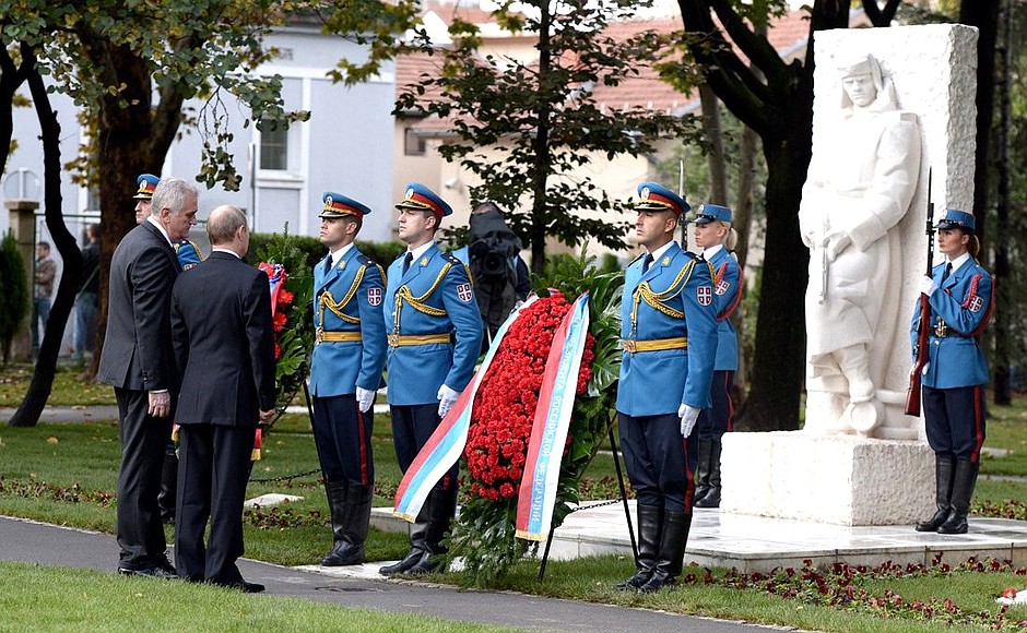 Laying a wreath at the Monument to Soviet Soldiers. With President of Serbia Tomislav Nikolic.