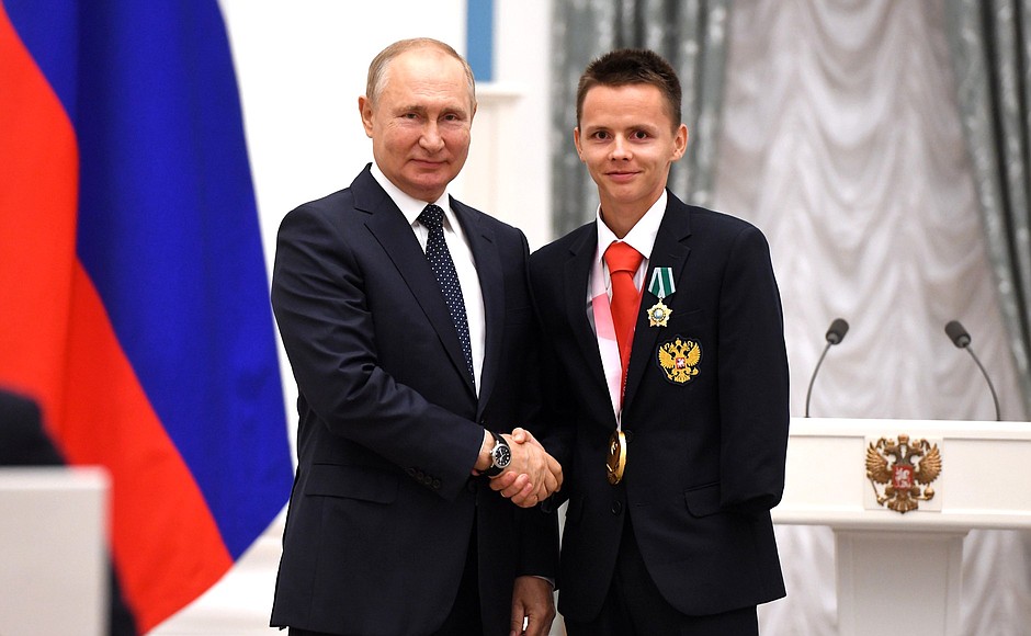 Presenting state decorations to winners of the 2020 Summer Paralympic Games in Tokyo. Paralympic athletics champion Alexander Yaremchuk receives the Order of Friendship.