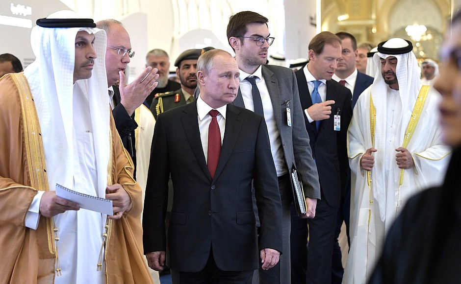 President of Russia Vladimir Putin and Crown Prince of Abu Dhabi and Deputy Supreme Commander of the UAE Armed Forces Mohammed bin Zayed Al Nahyan visit an exhibition of investment projects.