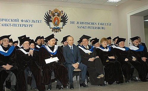 President Putin with German Federal Chancellor Gerhard Schroeder at St Petersburg State University\'s law department.