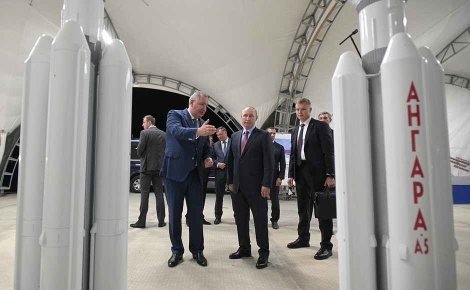 General Director of the Roscosmos State Corporation for Space Activities Dmitry Rogozin gives comments during a visit to Vostochny Space Launch Centre.