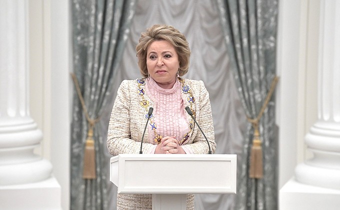 The Order of St Andrew the Apostle is presented to Federation Council Speaker Valentina Matviyenko.