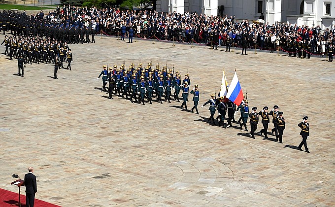 President of Russia and the Supreme Commander-in-Chief of the Russian Armed Forces, reviewed the Presidential Regiment on Cathedral Square to mark his inauguration.