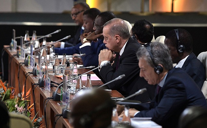 Meeting of BRICS leaders with delegation heads from invited African states and chairs of international associations. President of Turkey Recep Tayyip Erdogan (centre).