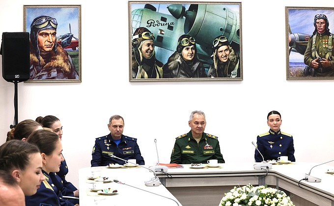 At the meeting with graduates of the Krasnodar Higher Military Aviation School.