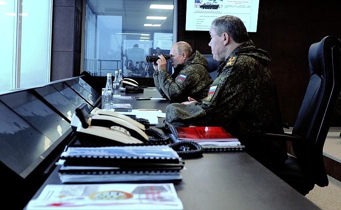 Vladimir Putin observed the main stage of the Vostok-2022 strategic command post exercise at the Sergeyevsky range in the Primorye Territory. With Chief of the General Staff of the Russian Armed Forces and First Deputy Defence Minister Valery Gerasimov.