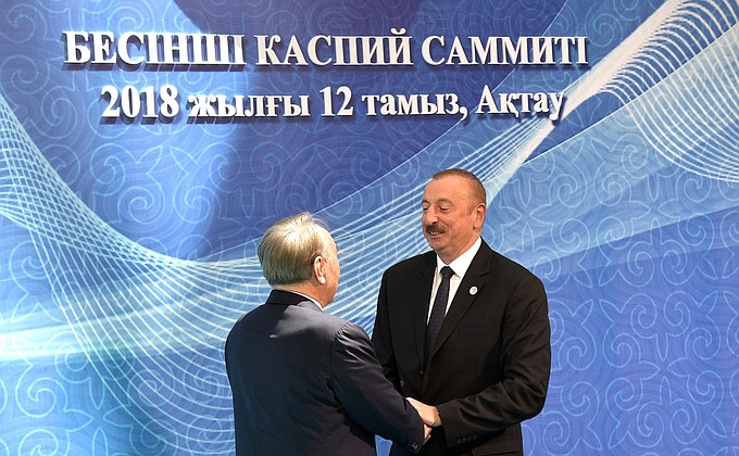 Official meeting of the heads of state attending the Fifth Caspian Summit. President of Kazakhstan Nursultan Nazarbayev (left) and President of Azerbaijan Ilham Aliyev.
