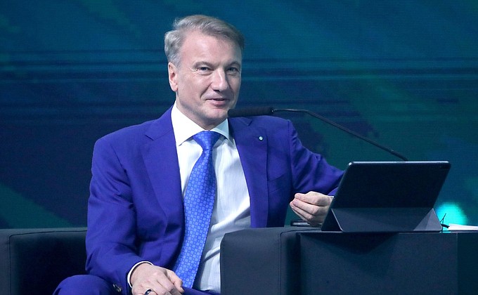 Sberbank CEO German Gref during the main discussion at the AI Journey 2021, the international conference on artificial intelligence and data analysis.